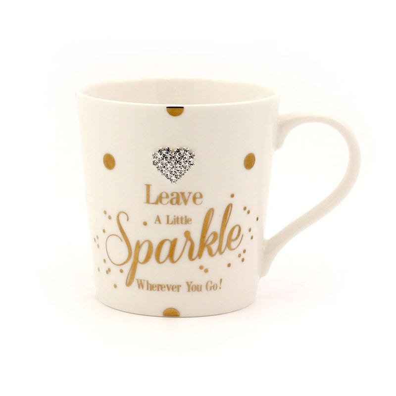 Leave a Little Sparkle Wherever You Go Diamante Love Heart White & Gold Fun Dotty Novelty Fine China Mug with Presentation Box