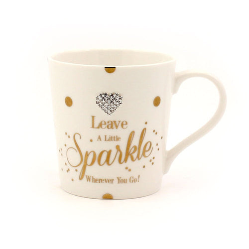 Leave a Little Sparkle Wherever You Go Diamante Love Heart White & Gold Fun Dotty Novelty Fine China Mug with Presentation Box