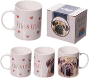Mug with Pug and Kisses Design - Fine Porcelain - White/Beige/Black