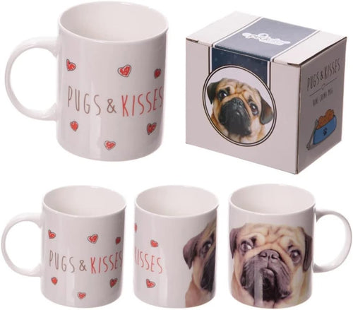 Mug with Pug and Kisses Design - Fine Porcelain - White/Beige/Black