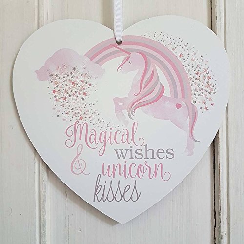 SET OF 2 MAGICAL WISHES AND UNICORN KISSES FILL YOUR DREAMS RAINBOW SPARKLY HEART PLAQUES