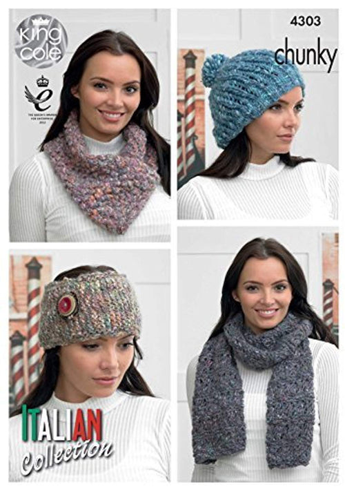King Cole Ladies Verona Chunky Knitting Pattern Womens Hat, Scarf, Headband and Neck Scarf (4303) by King Cole