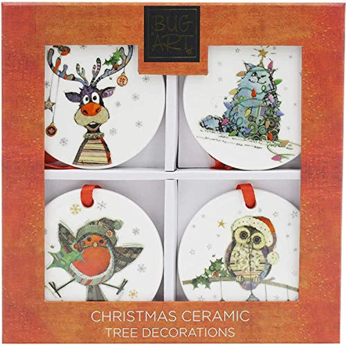 Bug Art Kooks Ceramic Xmas Christmas Tree Decorations Set of 4 Cat Owl Reindeer Robin