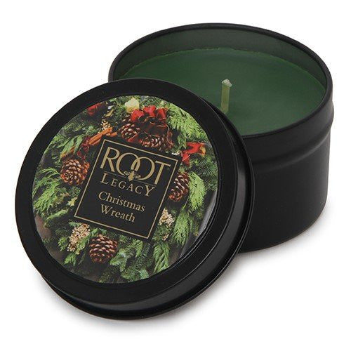 Root Candles Filled Tin Holiday Christmas Wreath Candle, Wax, Dark Olive