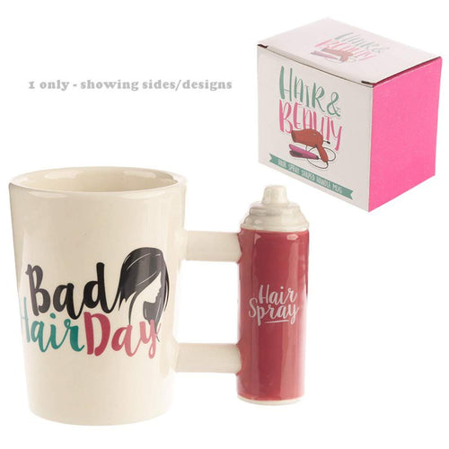 Ceramic Shaped Handle Hair Spray Mug with Bad Hair Day Decal