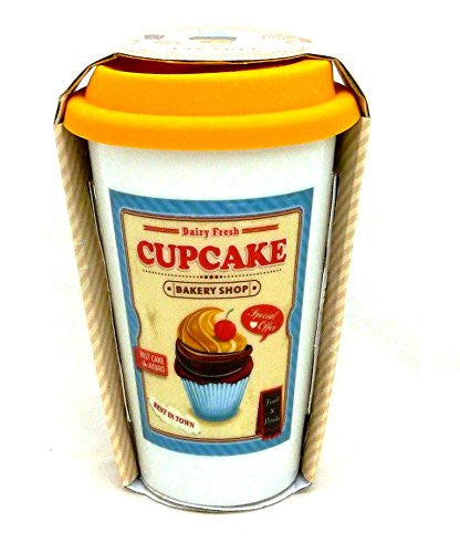 Retro Ceramic Cupcake Travel Mug in 3 Colours Blue Pink and Orange one supplied