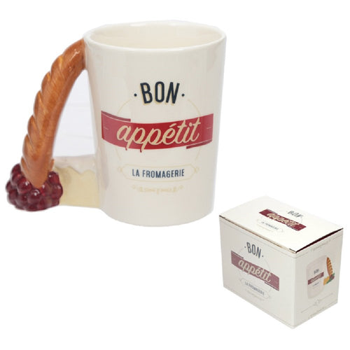 Ceramic Tea or Coffee Mug with Baguette Shaped Handle, Bon Appetit Slogan. Comes in a Gift Box