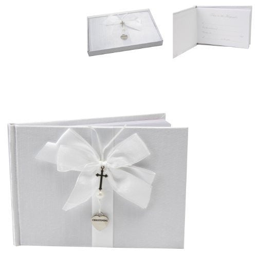 White Christening Guest Book - Silver Cross and Heart Charm