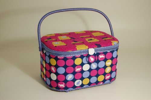 Sewing Basket - large, rounded shape- single handle. Pink background with cats on chairs on the fabric