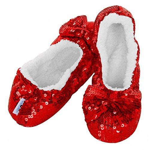 Ladies Christmas Red Sequin Bling-It-On Snoozies Slippers ~ Sherpa Fleece & Non-Slip Sole ~ Ballerina Style ~ Various Sizes 3-7 ~ S / M / L (LADIES SMALL UK 3-4)