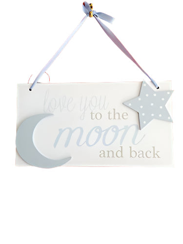 Blue I love you to the moon and back wooden hanging plaque