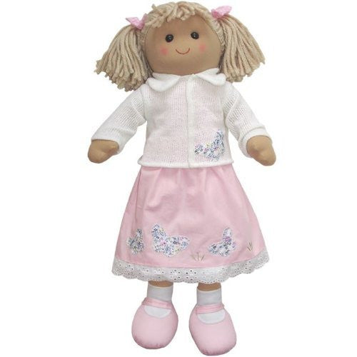 Large Rag Doll with White Cardigan and Pink Dress with Applique Butterflies