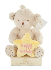 Button Corner - 7" Plush Bear Holding A Yellow Star Saying Happy Birthday