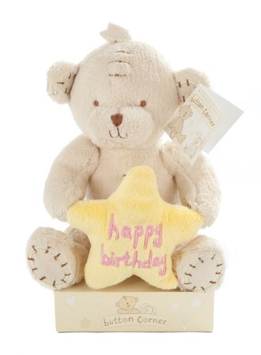 Button Corner - 7" Plush Bear Holding A Yellow Star Saying Happy Birthday