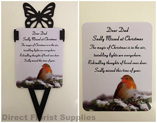 Dear Dad Christmas Robin Memorial Card, Graveside Tribute Garden Spike with Butterfly
