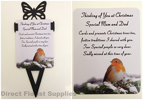 Special Mum And Dad Christmas Robin Memorial Card, Graveside Tribute Garden Spike with Butterfly