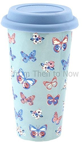 Insulated Double Walled Travel Mug Ceramic Vintage Butterfly (Duck Egg Blue)