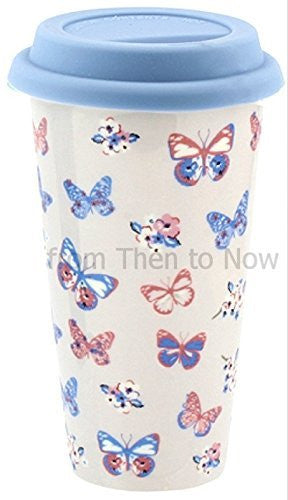 Insulated Double Walled Travel Mug Ceramic Vintage Butterfly (Cream Eggshell)