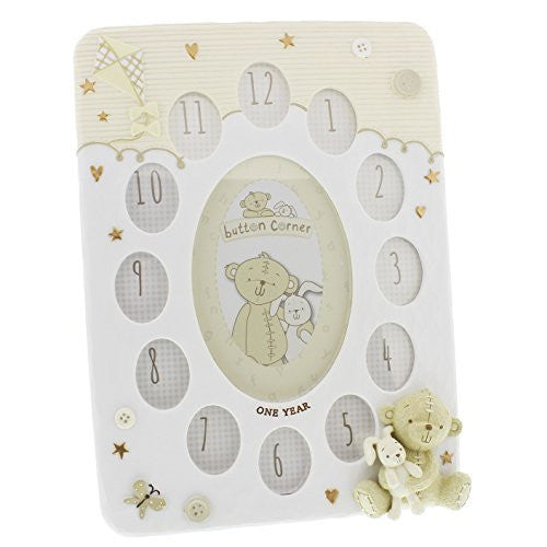 Button Corner Resin First Year Photo Frame with 12 small apertures & a large One Year - Birthday Frame