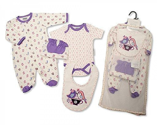 Brand New Baby Girl Jersey Cotton 5 Piece Clothing Gift Set Sleepsuit, Vest, Bib, Hat & mitts Pink Birds 3 Sizes (3-6mths)