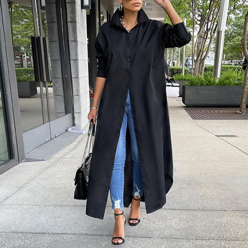 Women Shirt Windproof Shirt Dress Versatile Hem Stylish Autumn Winter Solid