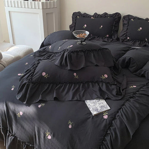 3pcs Rose Embroidered Duvet Cover Set (1*Duvet Cover + 2*Pillowcase, Without
