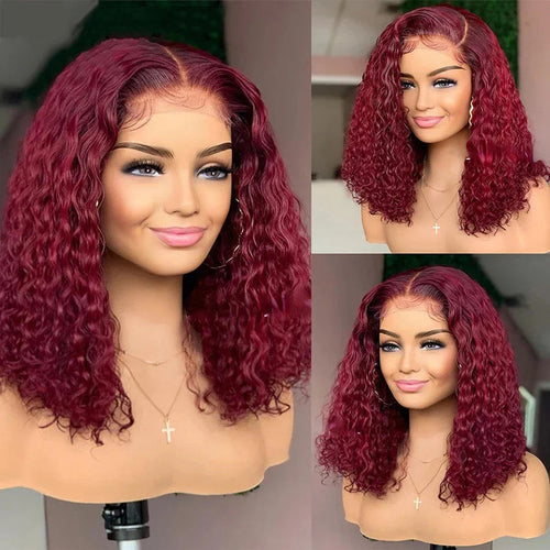 Red Colored 99J Curly Deep Water Wave 13x4 Lace Front Wigs Short Bob 100%
