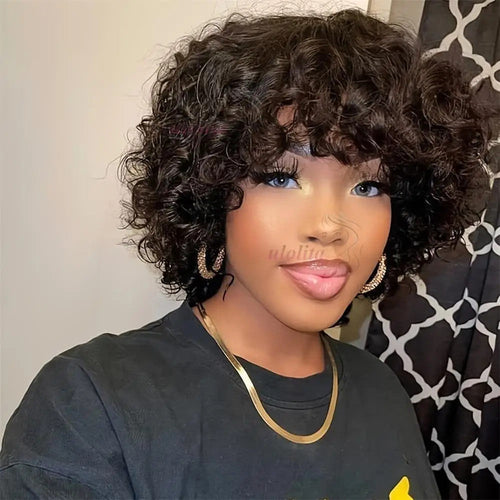 99J burgundy Fumi Curly Bob Wig Bouncy Pixie Cut Wig Highlight Full Machine Egg