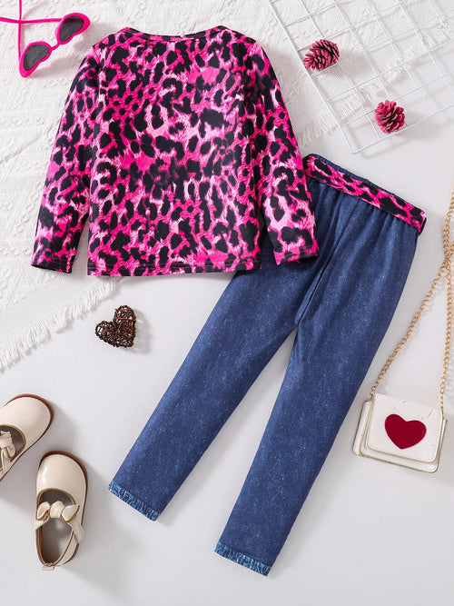 2-piece Spring and Autumn girls fashion set pink leopard print knit round neck