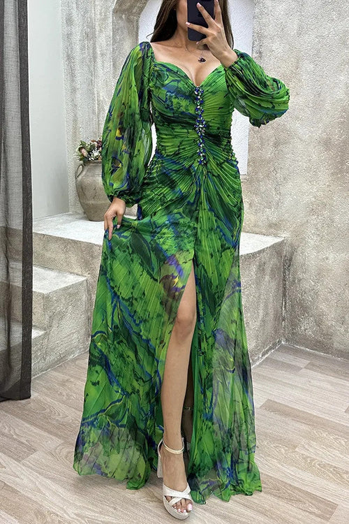 Women Floral Lantern Long Sleeve Dress Elegant Rhinestone Off Shoulder Maxi