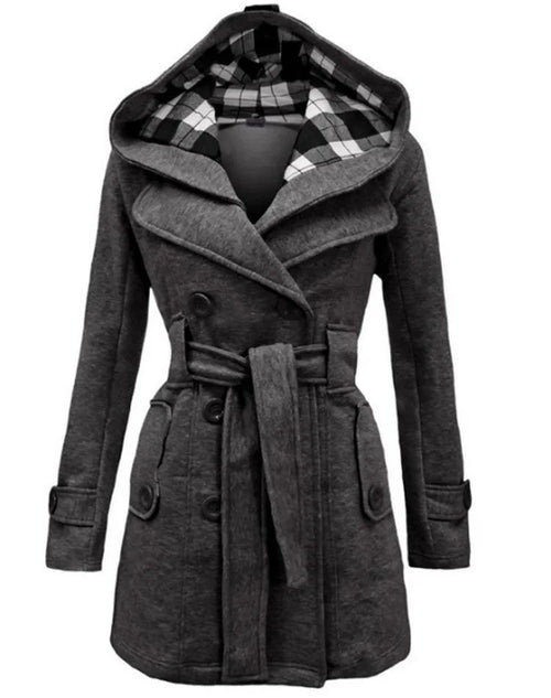 Fashionable Women's Woolen Warm Fleece Double Breast Jacket With Belts