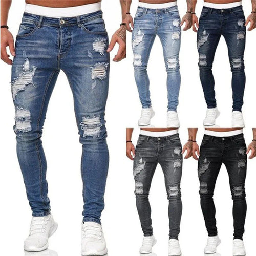 2025 New Fashion Street Style Ripped Skinny Jeans Men Vintage wash Solid Denim