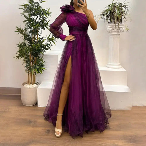 2024 Womens Evening Dress One Shoulder Pleated Pleated Mesh Single Long Sleeve