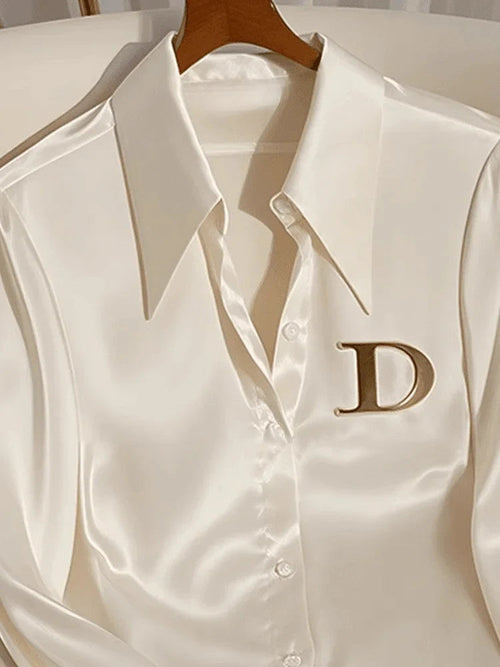 High Quality Fashion Women's White Satin Shirt Turn Down Collar Long Sleeve