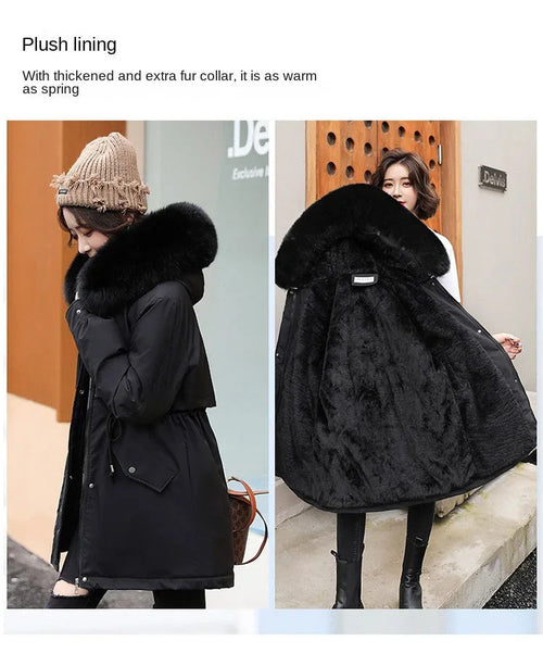 Women's Long Fashionable Hooded Winter Fur Collar Jacket