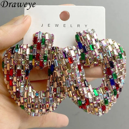 Draweye Colorful Rhinestones Stud Earrings for Women Hyperbole Hearts Hollow