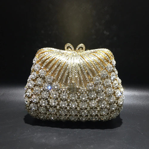 Women Gold Color Flower Rhinestones Clutch Bags Crystal Evening Purse Stones