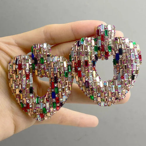 Draweye Colorful Rhinestones Stud Earrings for Women Hyperbole Hearts Hollow