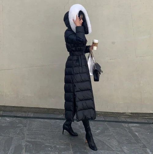 Women's Fashion Long Down Jackets Female Faux Fur Collar Hooded Thick White Duck