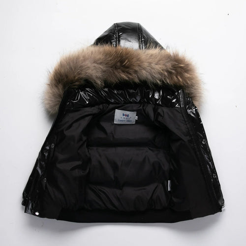 Kids Winter Down Jacket Real Faux Fur Waterproof Shiny Thick Warm Outerwear