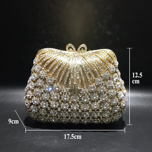 Women Gold Color Flower Rhinestones Clutch Bags Crystal Evening Purse Stones