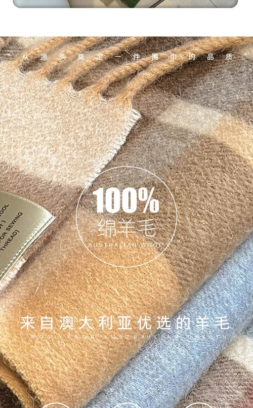 High Quality 100% Pure Wool Plaid Scarf Women Couples Winter Autumn Soft Warm