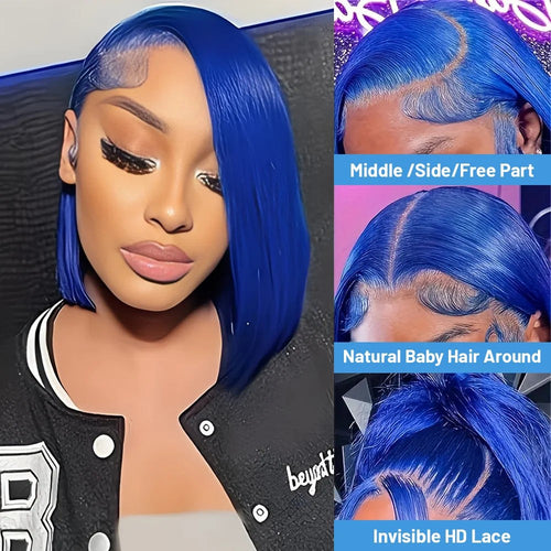 Brazilian Hair Straight Navy Blue Bob Human Hair Wig 180 Density 13x4 HD Lace