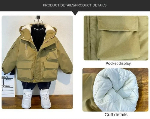 New Winter Down Cotton Jacket Boys Black Hooded Coat Children Outerwear