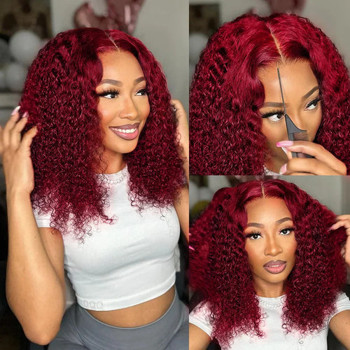 Red Colored 99J Curly Deep Water Wave 13x4 Lace Front Wigs Short Bob 100%