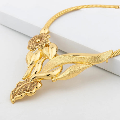 Luxury Flower Design Jewelry Set for Women, Gold Color Big Pendant Necklace and