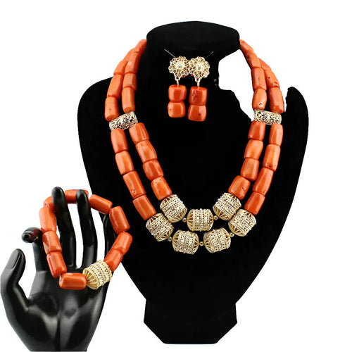 Latest Coral Jewelry Sets Nigerian Dubai Orange Necklace Sets of Beads African