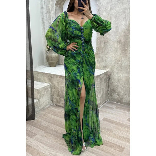 Women Floral Lantern Long Sleeve Dress Elegant Rhinestone Off Shoulder Maxi