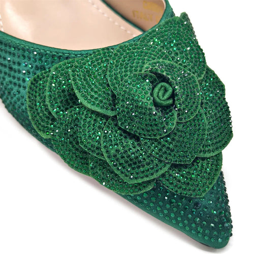 Women's Pointed-Toe Large Flower Decoration Rhinestone Low Heel Italian Shoes