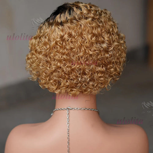 Ombre Blonde T1B27Pixie Cut Short Curly Bob Side Part Non Lace Front 100%